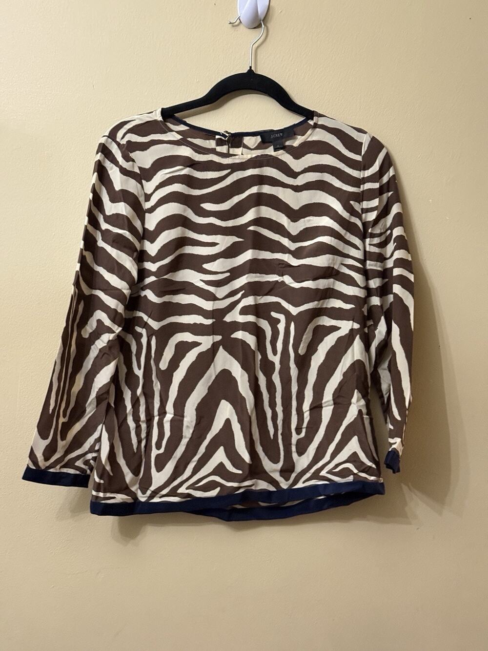 J.Crew Blouse Womens 4 Brown 100 Silk Zebra Print Mob Wife Chic Quiet Luxury